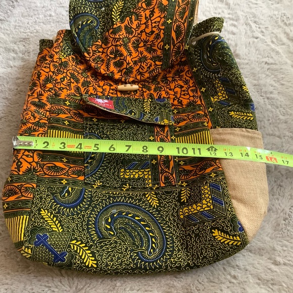 Handcrafted Orange & Olive Patterned Drawstring Backpack - Picture 3 of 4